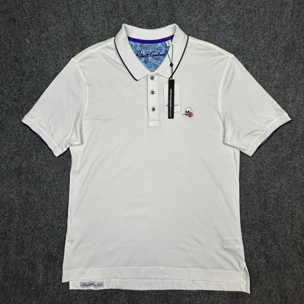 Robert Graham Rossi Polo Shirt Mens L White Skull Rose Logo Embroidery Top - Picture 2 of 12